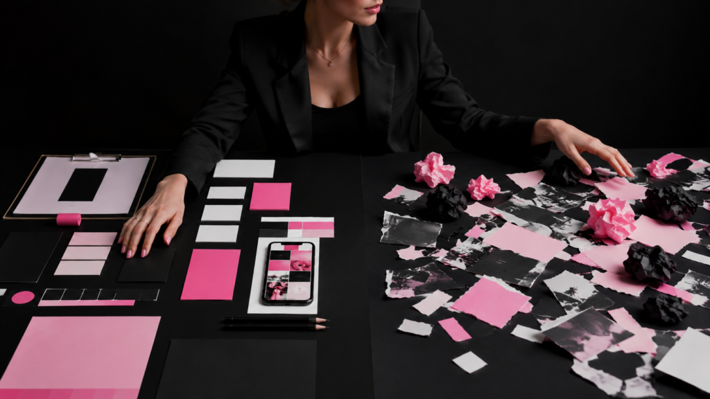 Diretora criativa organizando materiais de branding em uma mesa preta, com elementos visuais em rosa pink, branco e preto, contrastando uma composição estratégica e organizada com papéis dispersos que representam percepção de marca sem direção.
marcas de Itabira Minas Gerais
branding para marcas locais
percepção de marca
identidade visual profissional
marketing para negócios locais
agência de branding em Itabira
agência de marketing e design em Itabira
design de marca
conteúdo estratégico para marcas
Agência Logue
Lorenna Guerra
