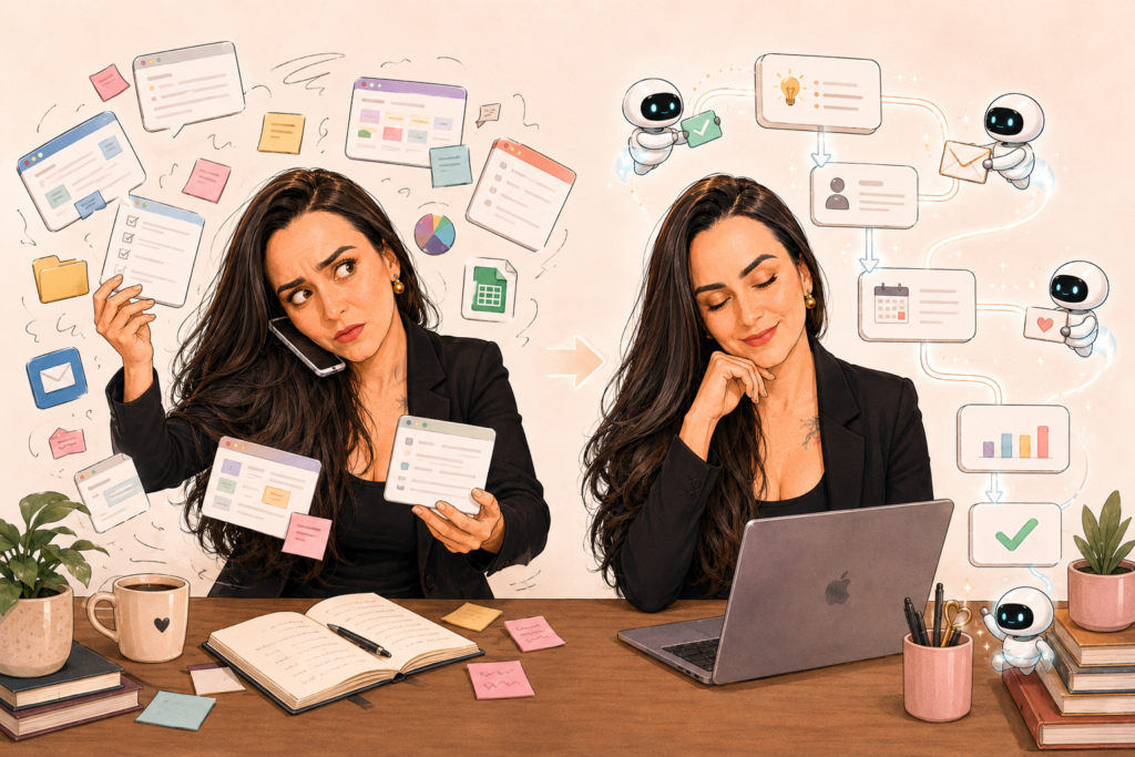 Ilustração de mulher criativa cercada por telas, papéis, mensagens e ideias espalhadas, com expressão de sobrecarga, representando o cansaço causado pelo excesso de tarefas ao redor da criação. Ilustração dividida em duas cenas: de um lado, mulher sobrecarregada lidando com várias tarefas ao mesmo tempo; do outro, a mesma mulher mais calma diante do notebook, acompanhada por assistentes robóticos e um fluxo organizado de trabalho.