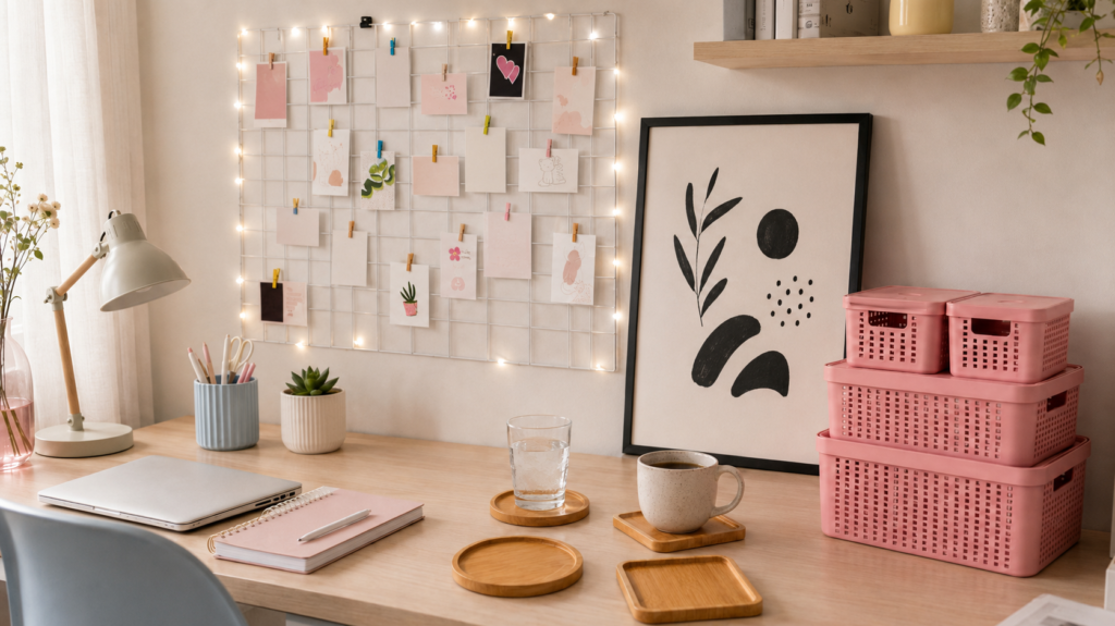 SHOPEE SETUP 4 itens de escritório para home office organizados em mesa de trabalho feminina shoppe mercado livre como montar escritorio gastando pouco barato CAIXA ORGANIZADORA PORTA COPOS QUADRO MOTIVACIONAL MOODBOARD CO