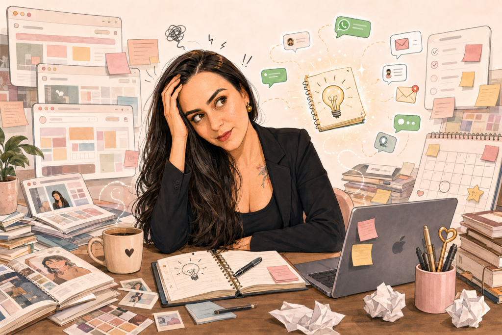 Ilustração de mulher sentada à mesa com notebook, caderno e café, enquanto pequenos assistentes robóticos organizam notas, arquivos, calendário e mensagens ao redor, representando agentes de IA ajudando na rotina de trabalho.