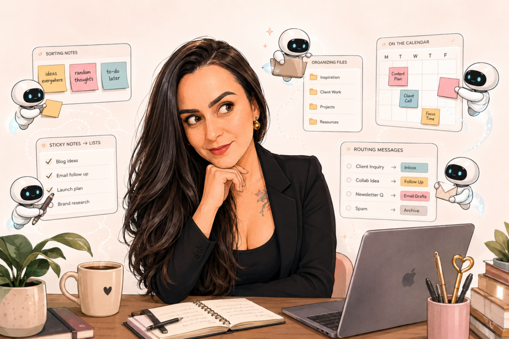 Ilustração de mulher trabalhando em notebook em um estúdio criativo, cercada por pequenos robôs que ajudam com fotografia, organização, mensagens, relatórios e finanças, simbolizando o uso da IA em um negócio criativo.