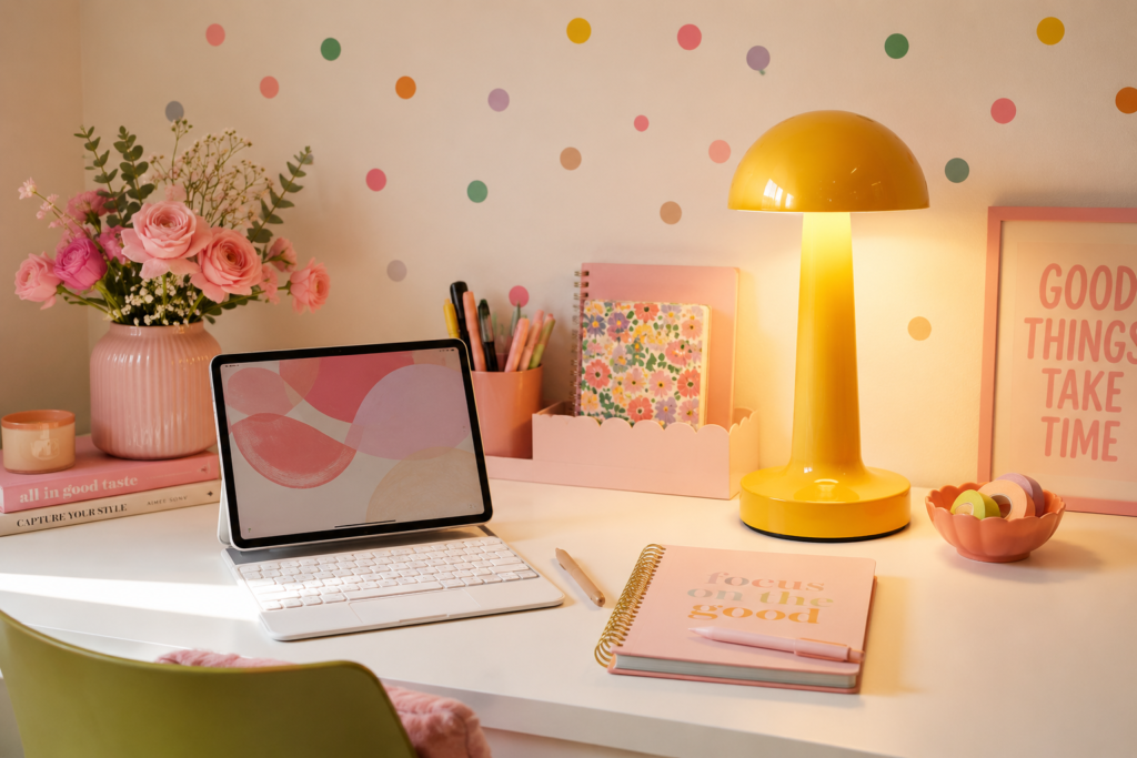 ABAJUR COGUMELO, IPAD, CADERNOS, JARRO DE FLOR E ITENS DE ESCRITÓRIO PARA MONTAR SEU ESPAÇO DE TRABALHO EM CASA COM DECORAÇÃO PINTEREST, INSTAGRAMÁVEL, PAGANDO POUCO, NA SHOPPE.