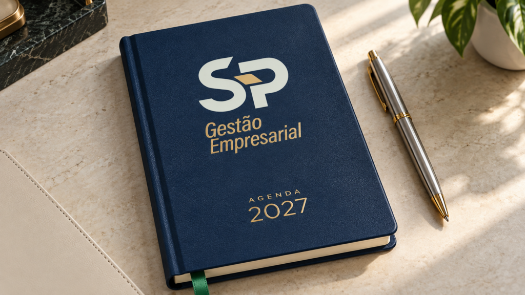 Agenda da S&P Gestão Empresarial com monograma SP e nome da empresa. Identidade Visual criada para empresa de Governador Valadares por Agência Logue, de Itabira/MG.
