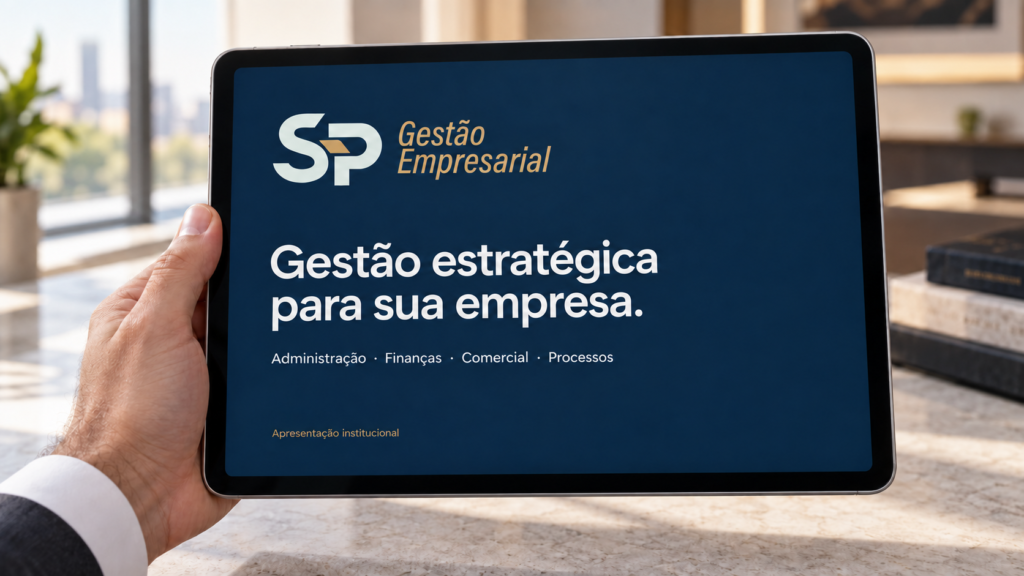 Apresentação de slides da S&P Gestão Empresarial com monograma SP e nome da empresa. Identidade Visual criada para empresa de Governador Valadares por Agência Logue, de Itabira/MG.