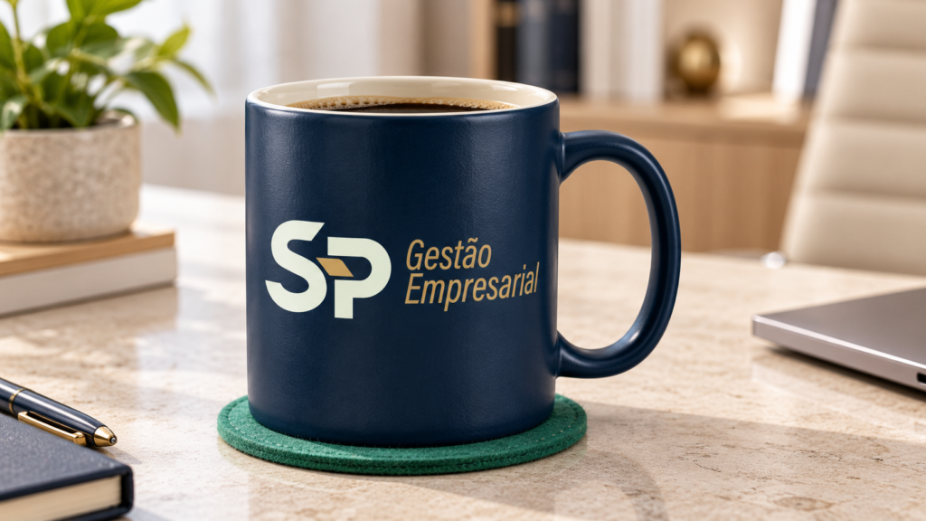 Caneca da S&P Gestão Empresarial com monograma SP e nome da empresa. Identidade Visual criada para empresa de Governador Valadares por Agência Logue, de Itabira/MG.