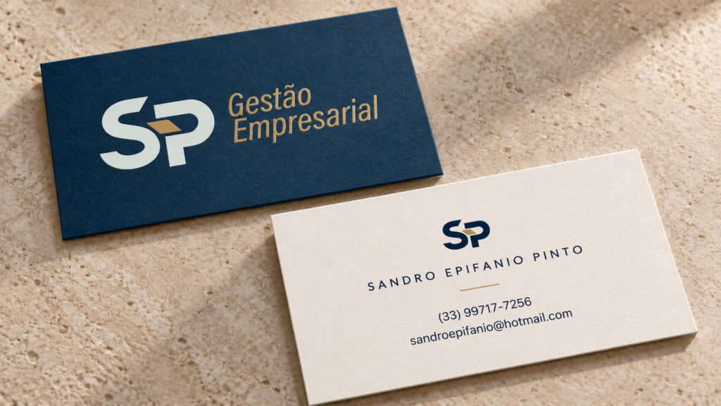 Cartão de visitas da S&P Gestão Empresarial com monograma SP e nome da empresa. Identidade Visual criada para empresa de Governador Valadares por Agência Logue, de Itabira/MG.