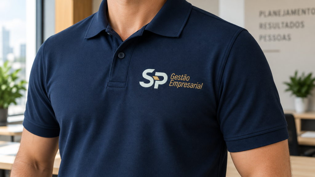 Camisa da S&P Gestão Empresarial com monograma SP e nome da empresa. Identidade Visual criada para empresa de Governador Valadares por Agência Logue, de Itabira/MG.