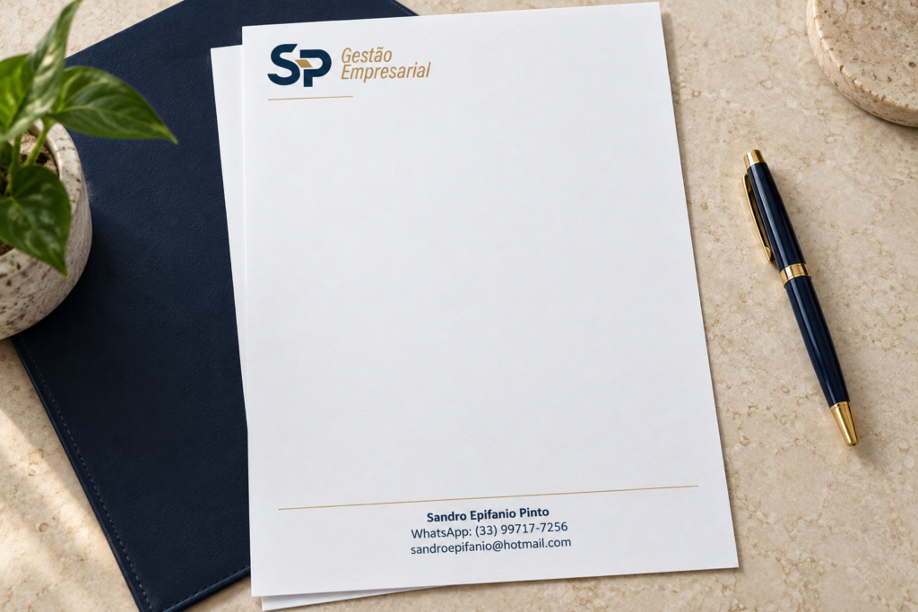 Papel timbrado da S&P Gestão Empresarial com monograma SP e nome da empresa. Identidade Visual criada para empresa de Governador Valadares por Agência Logue, de Itabira/MG.