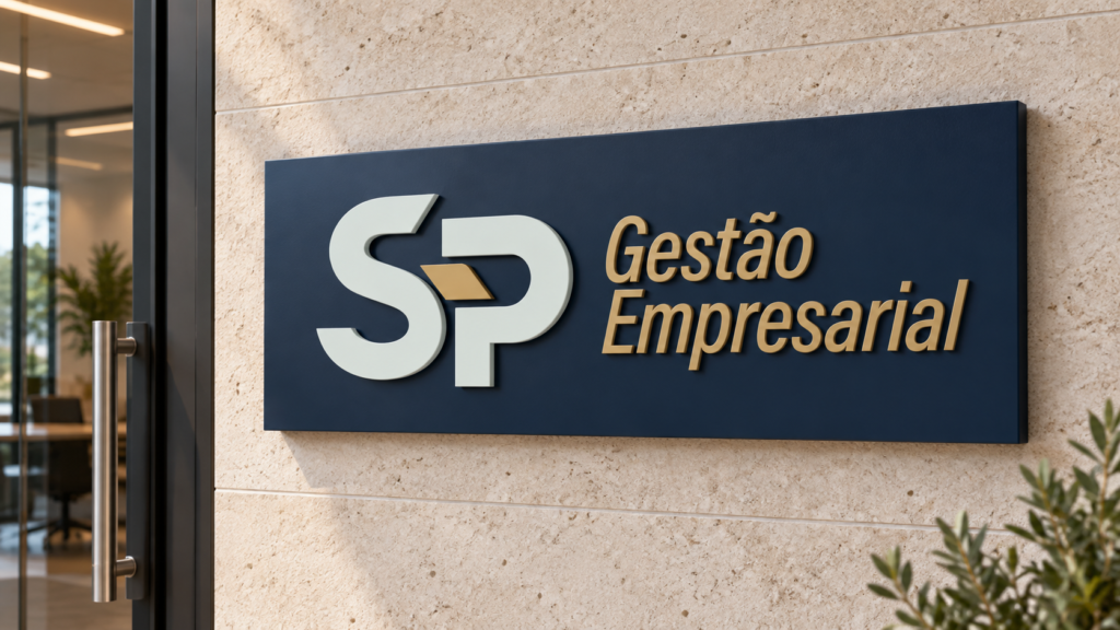 Placa da S&P Gestão Empresarial com monograma SP e nome da empresa. Identidade Visual criada para empresa de Governador Valadares por Agência Logue, de Itabira/MG.