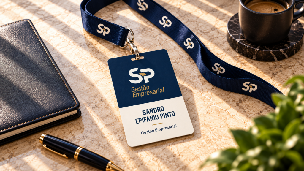 Crachá da S&P Gestão Empresarial com monograma SP e nome da empresa. Identidade Visual criada para empresa de Governador Valadares por Agência Logue, de Itabira/MG.