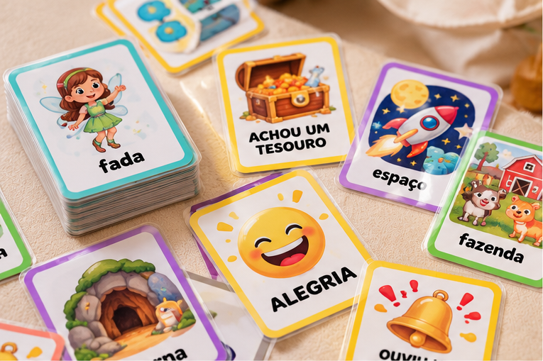 Jogo para criar histórias: Recorte e imprima para usar com seu filho ou em seu consultório. Você também pode usar o arquivo digital pra produzir o jogo e revender. 