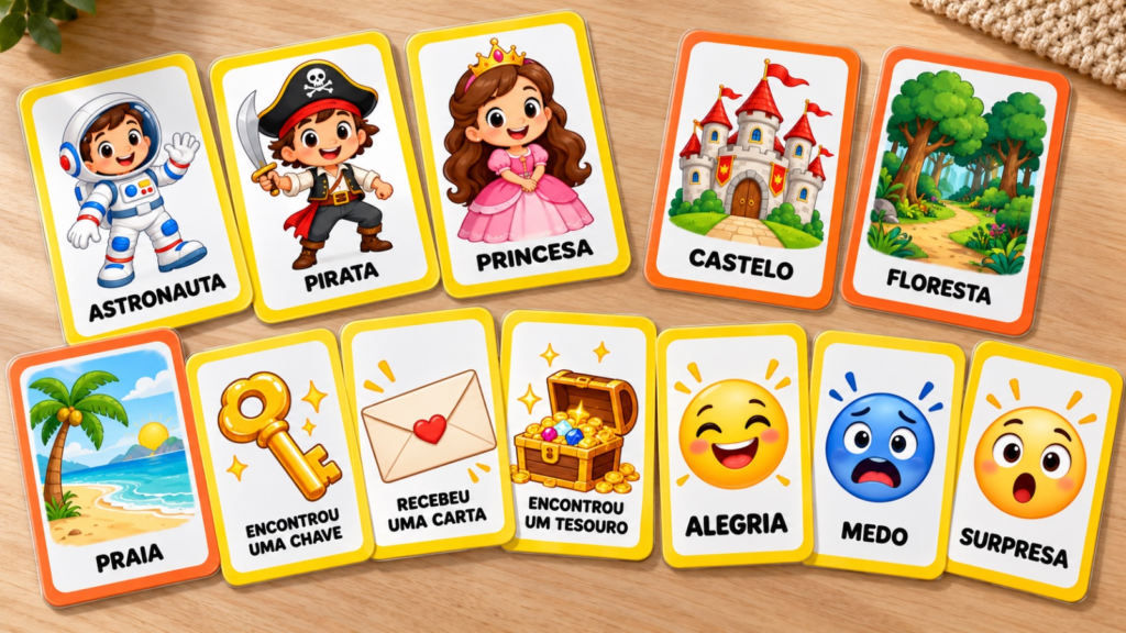Jogo para contar histórias: O Inventa & Conta é um jogo com 40 cartas ilustradas, desenvolvido para estimular a imaginação, a criatividade, a linguagem oral e a expressão dos sentimentos. As cartas estão divididas em quatro categorias: personagens, lugares, acontecimentos e emoções. Mas, diferentemente de um jogo de memória ou de associação, aqui não existe uma combinação correta.